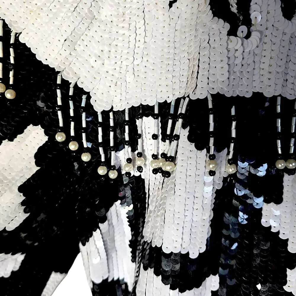 Vintage MODI Black White Silk Sequin Horse Western Fringe Art to Wear Jacket XL